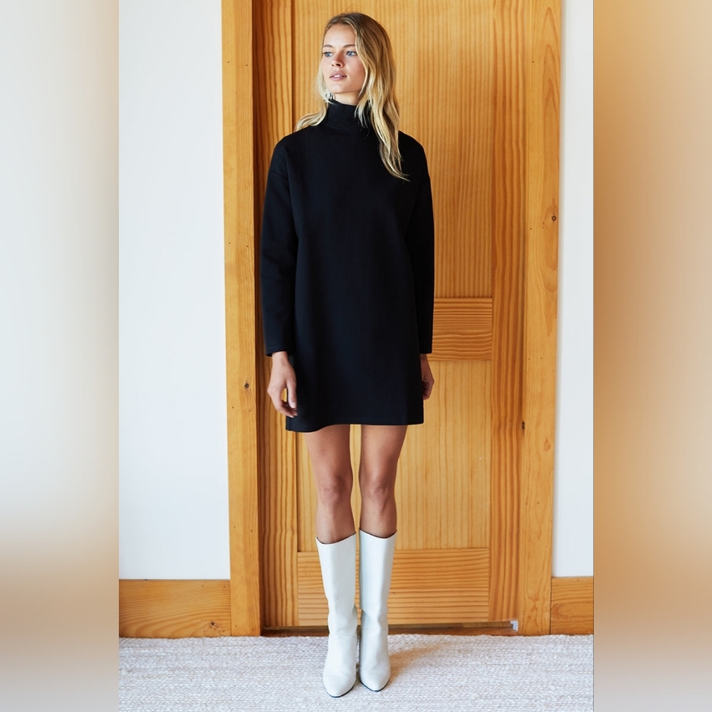 EMERSON FRY Edie Mockneck Turtleneck Dress Long Sleeve Black Ponte Knit Small